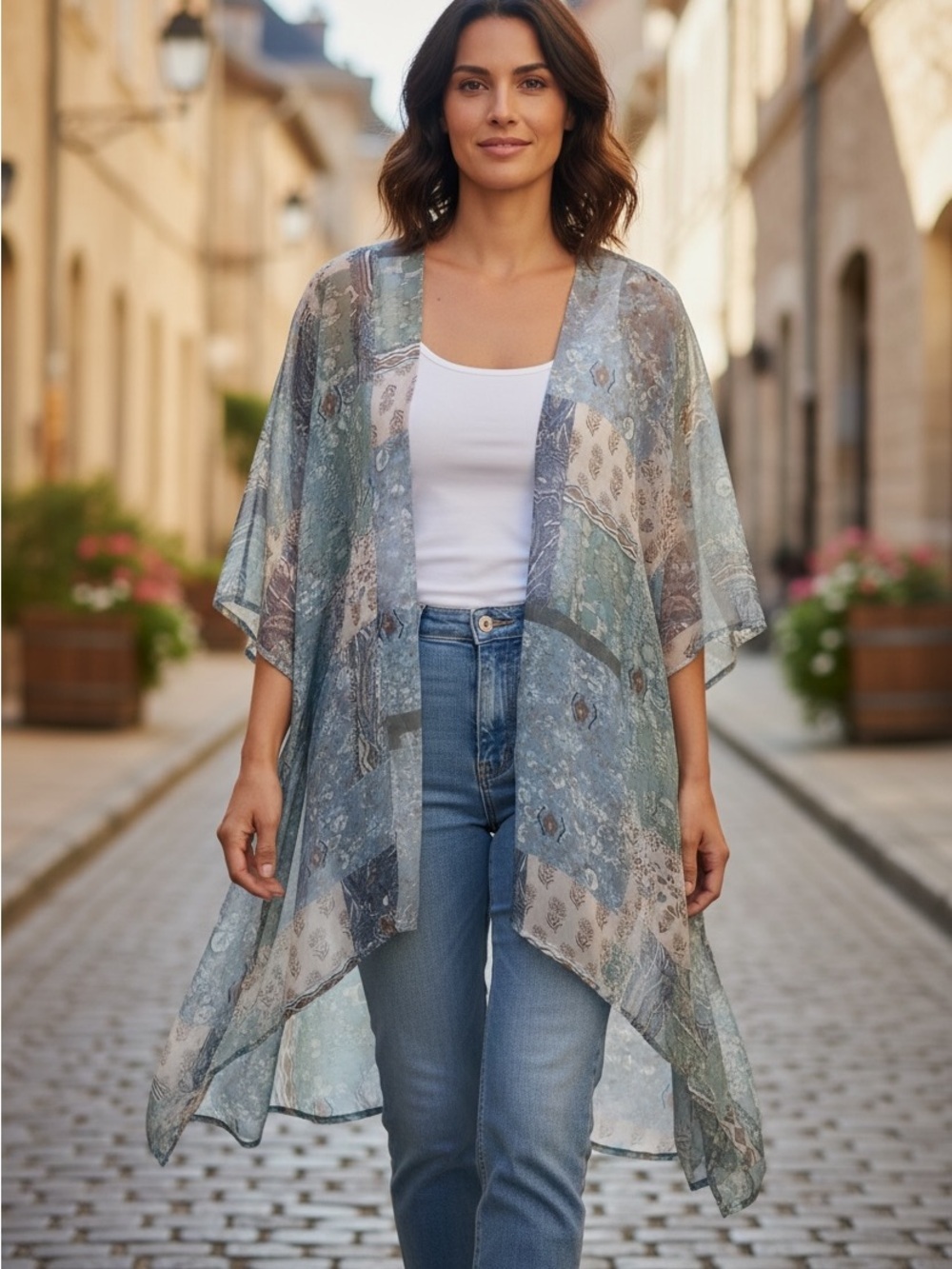 Light Blue Patchwork Printed Kimono Shrug